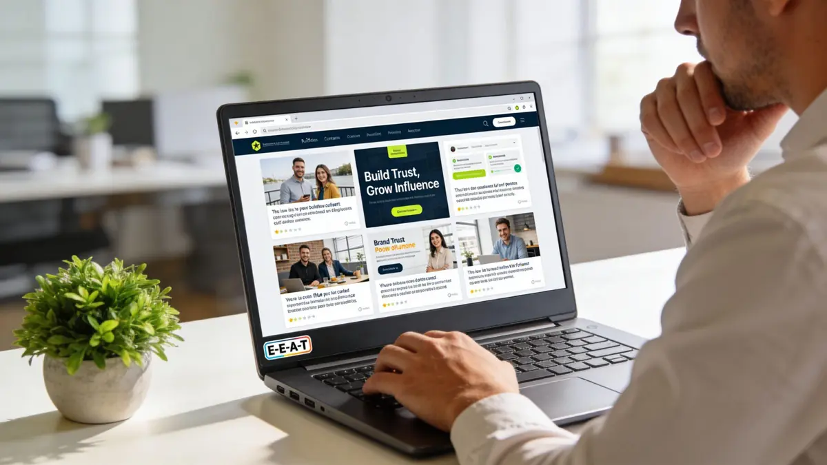 A professional man using a laptop to review brand management content and online search results.