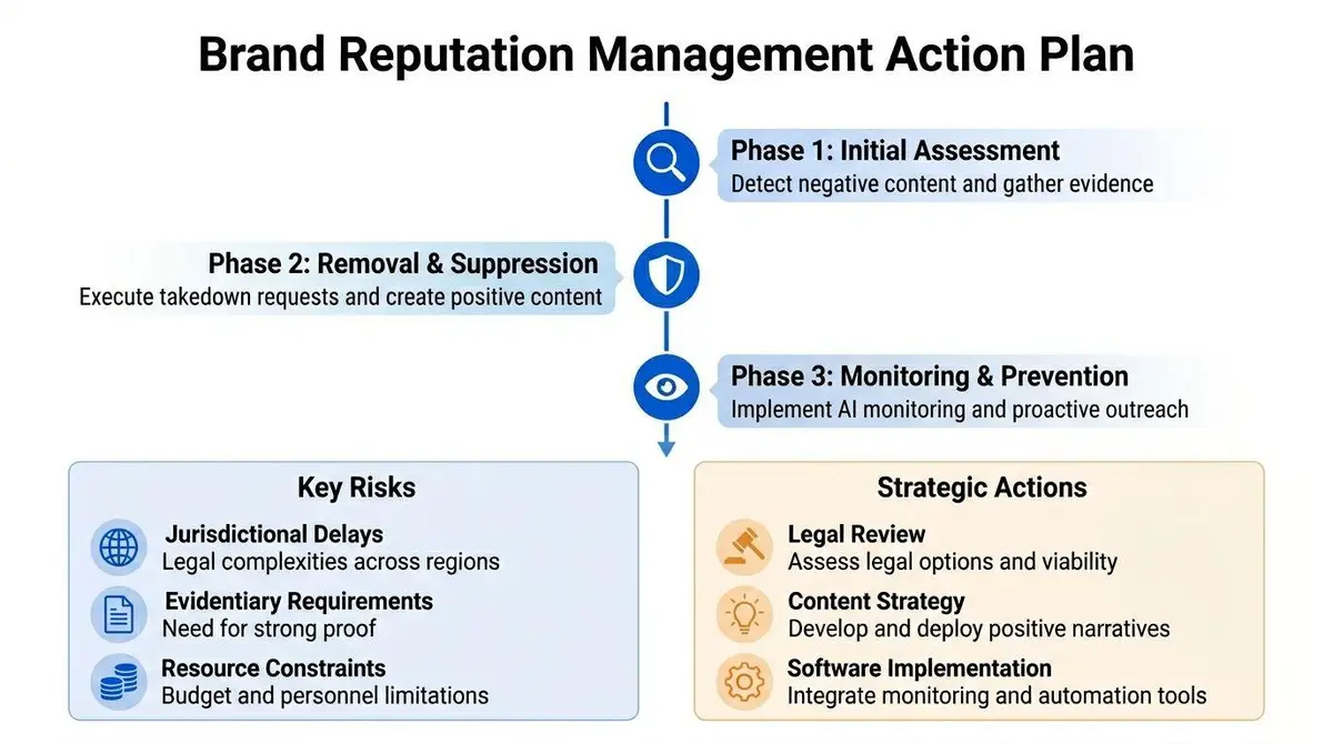 A flowchart showing a three-phase brand reputation management action plan including risks and strategic actions.