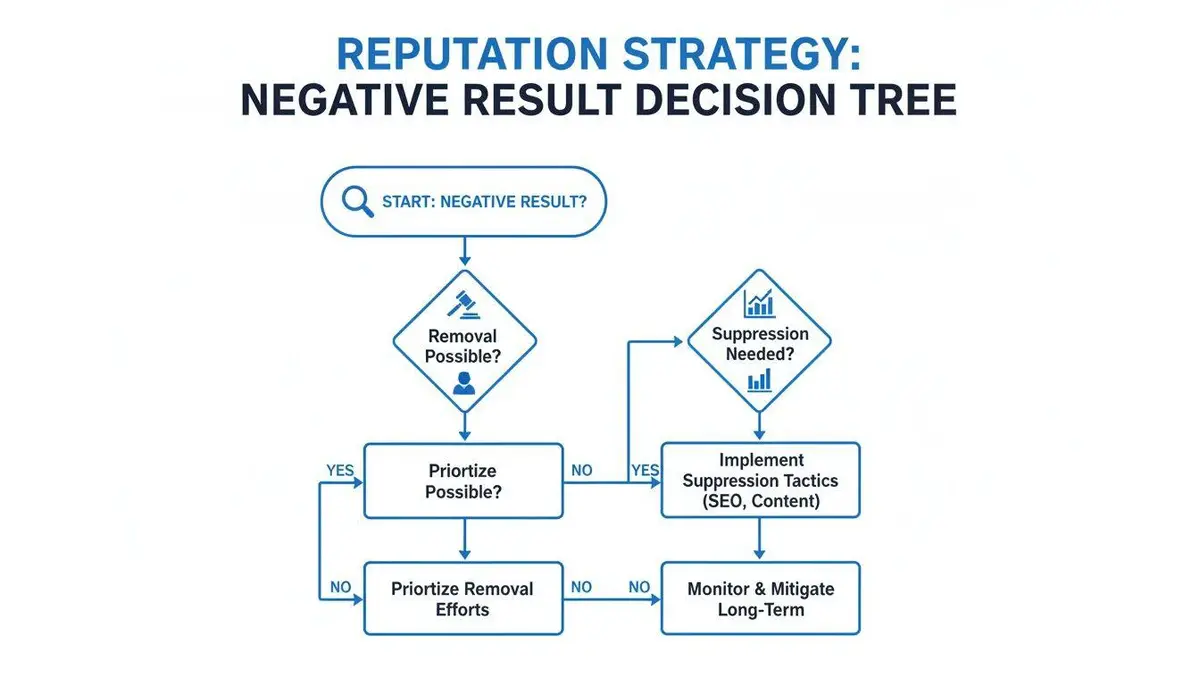 Flowchart detailing a reputation strategy to address and manage negative search results.