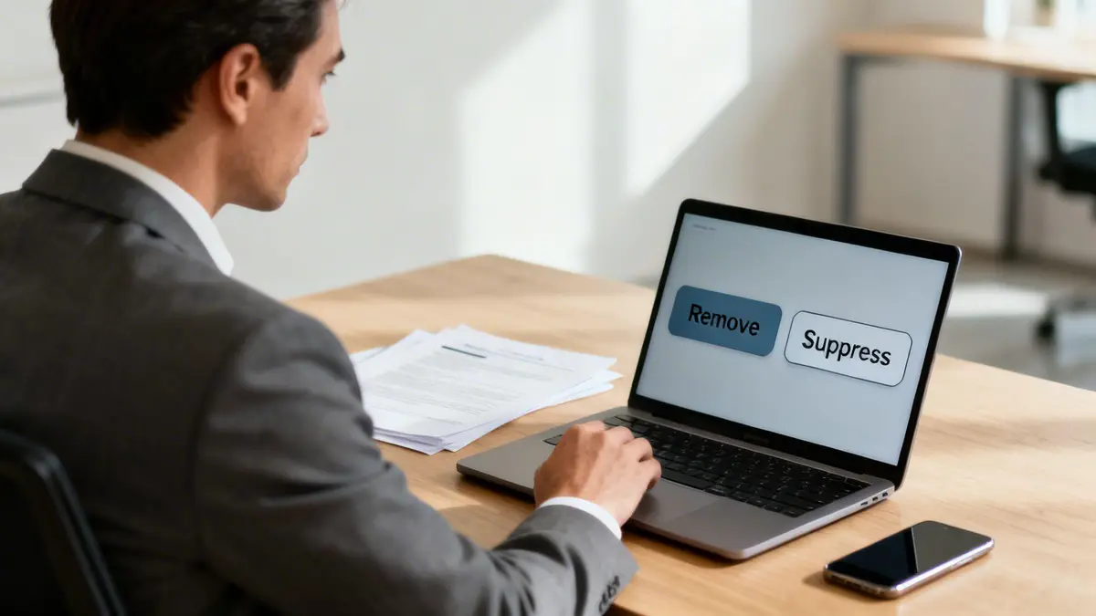 A man in a suit works on a laptop showing 'Remove' and 'Suppress' buttons in an office.