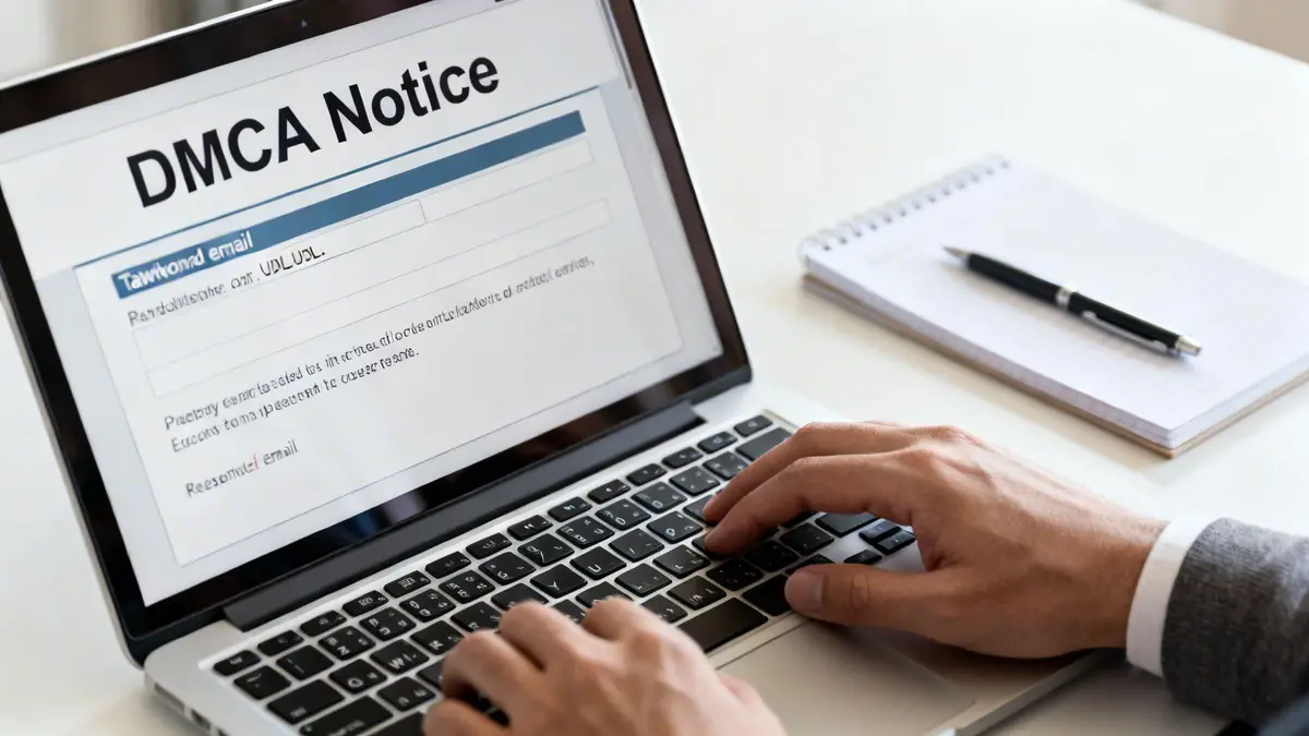 Person typing a DMCA Notice on a laptop screen with a notepad and pen on the table.