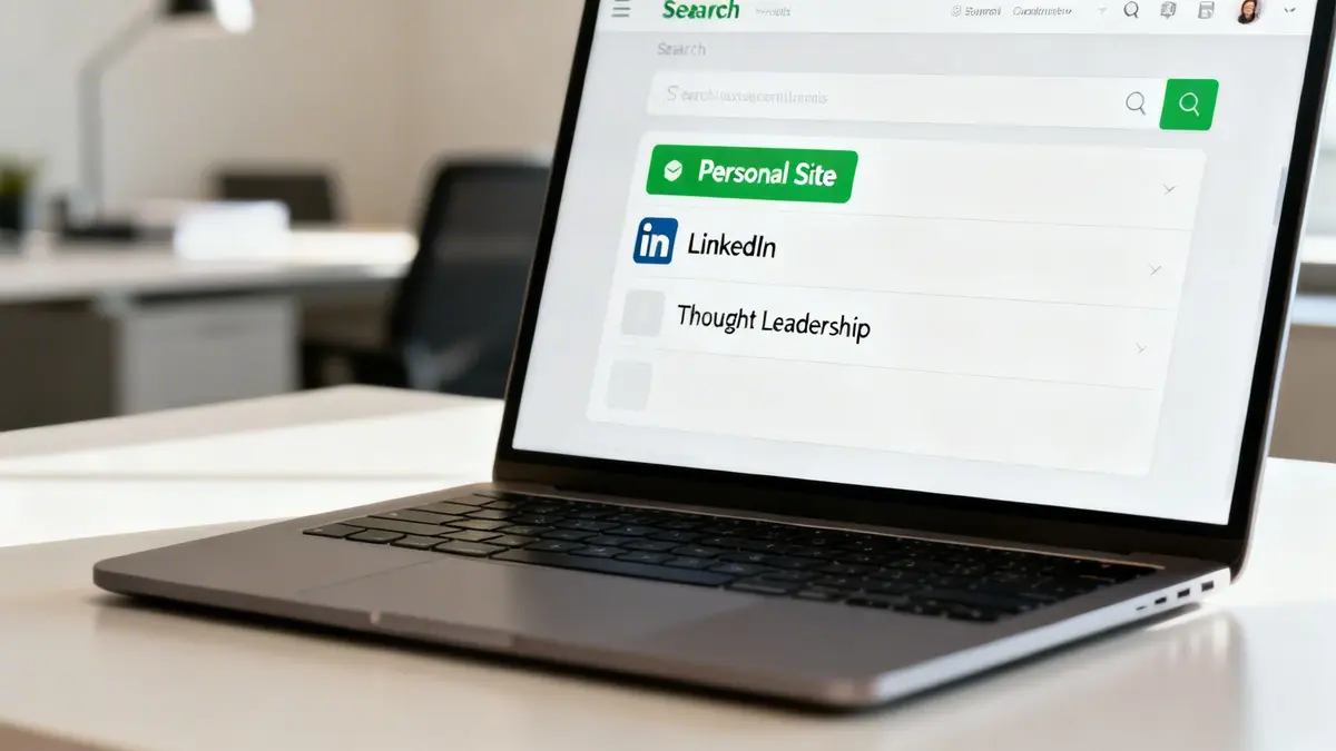 A close-up of a laptop screen displaying search results for a personal site, LinkedIn, and thought leadership in an office setting.