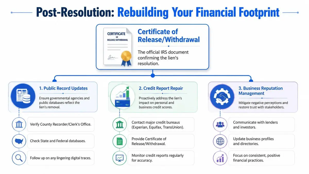 An infographic titled Post-Resolution: Rebuilding Your Financial Footprint showing steps to take after a tax lien is resolved.