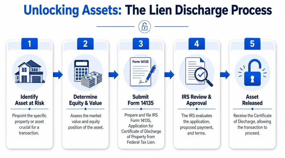 A five-step infographic showing the IRS lien discharge process for releasing an asset from a tax lien.