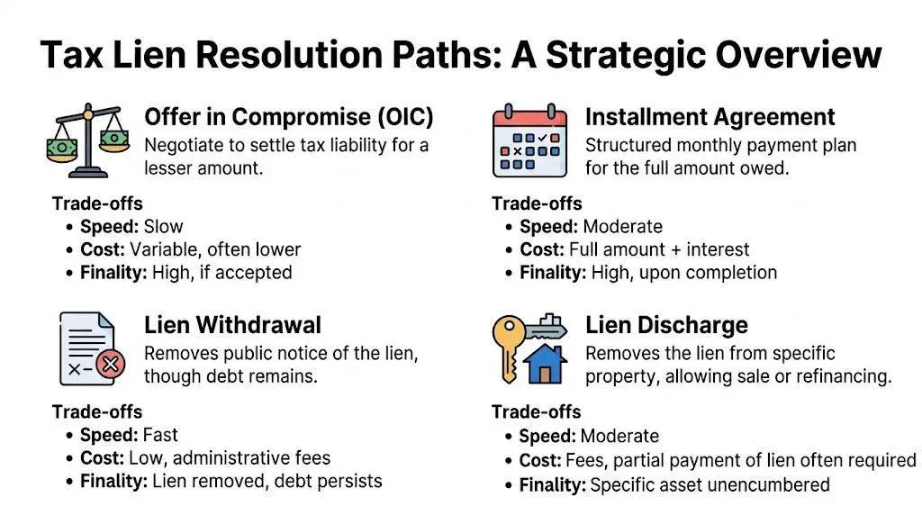 A strategic infographic outlining four common tax lien resolution methods including OIC, installment agreements, withdrawal, and discharge.