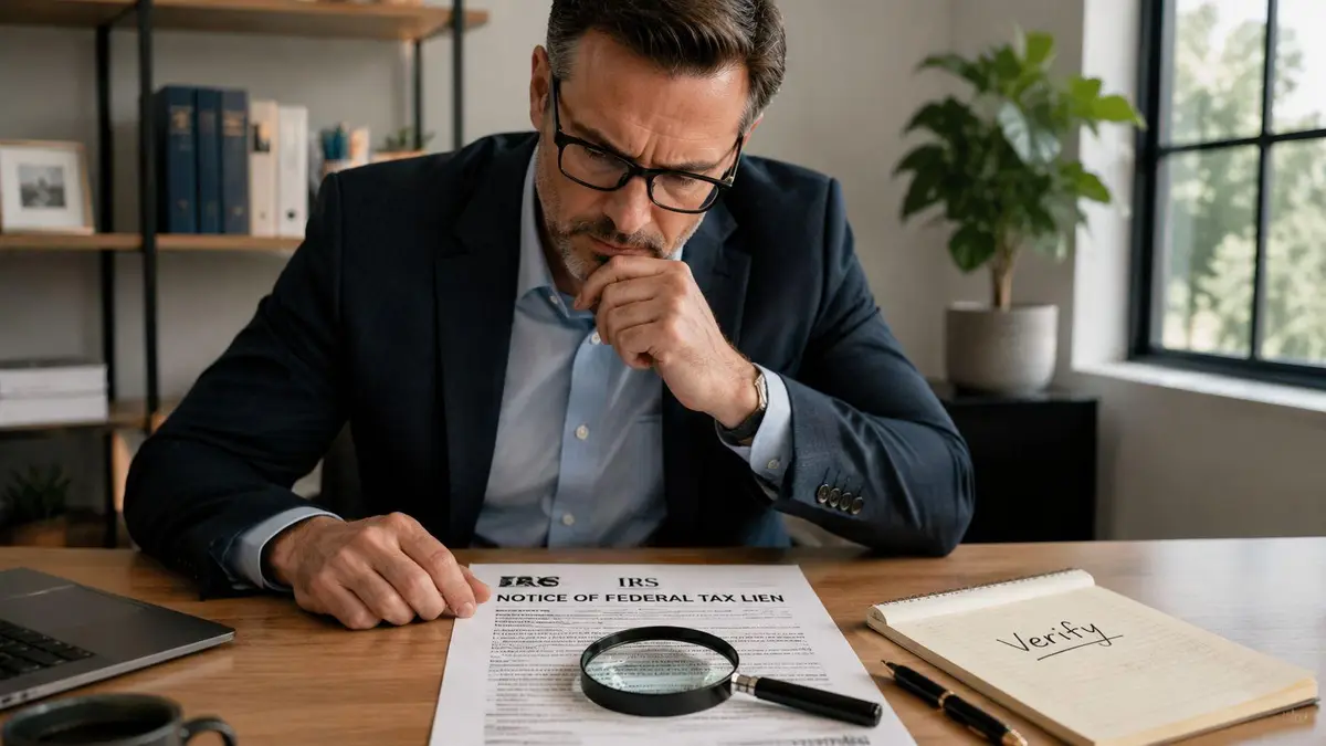 A professional man in a suit examines an IRS notice of federal tax lien with a magnifying glass.