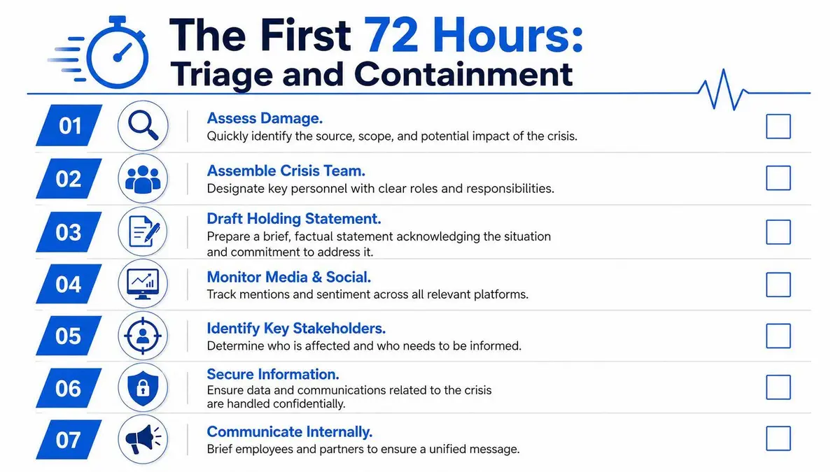 A checklist infographic titled The First 72 Hours outlining seven essential crisis management and containment steps.