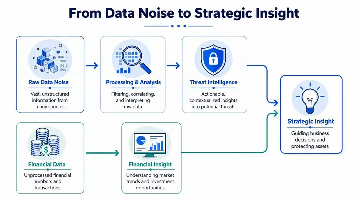A flowchart showing how data noise and financial data are processed into strategic business insights.