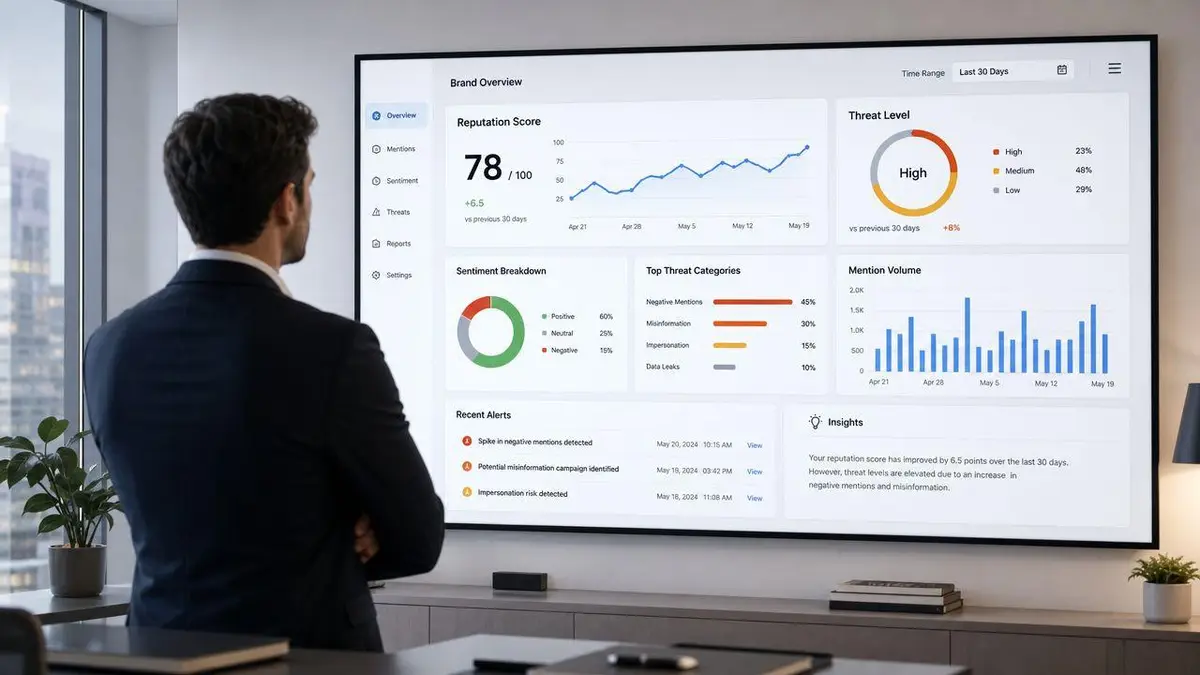 A businessman in a suit looks at a large digital dashboard showing brand reputation and threat analytics.