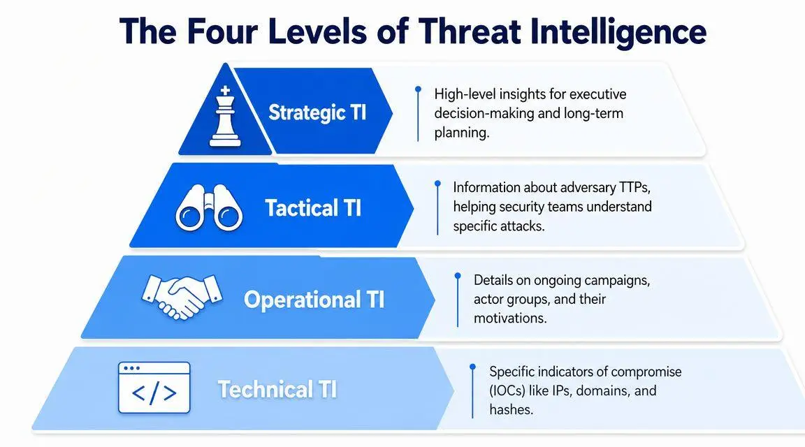 A pyramid diagram illustrating the four levels of threat intelligence: strategic, tactical, operational, and technical.