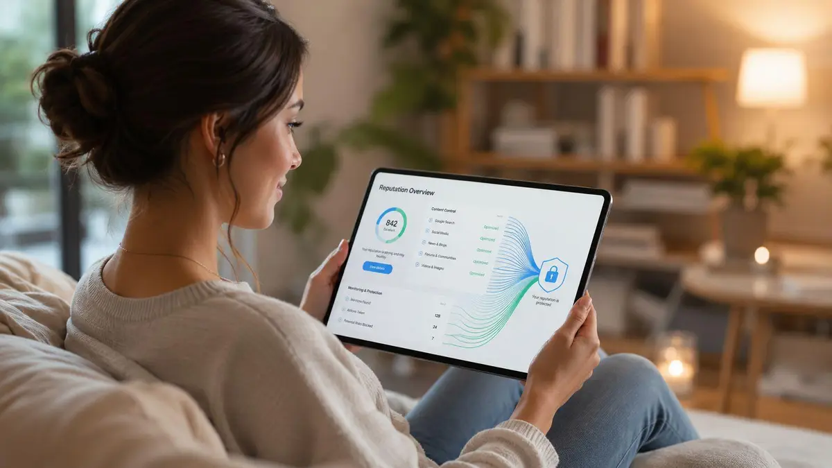 A young woman sitting on a couch, reviewing a digital reputation dashboard on her tablet screen.