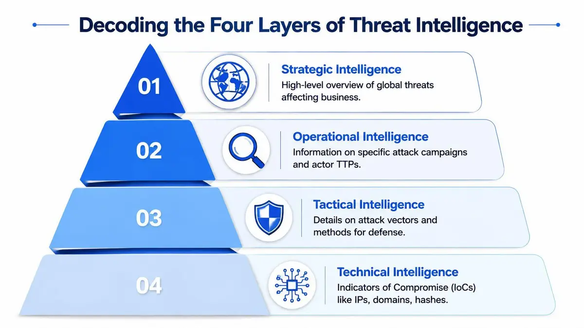 A pyramid diagram illustrating the four layers of threat intelligence including strategic, operational, tactical, and technical levels.