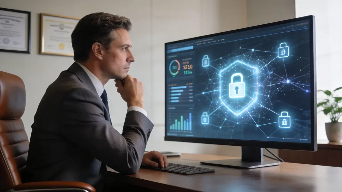 A professional man sitting at a desk and analyzing cybersecurity data on a large computer monitor.