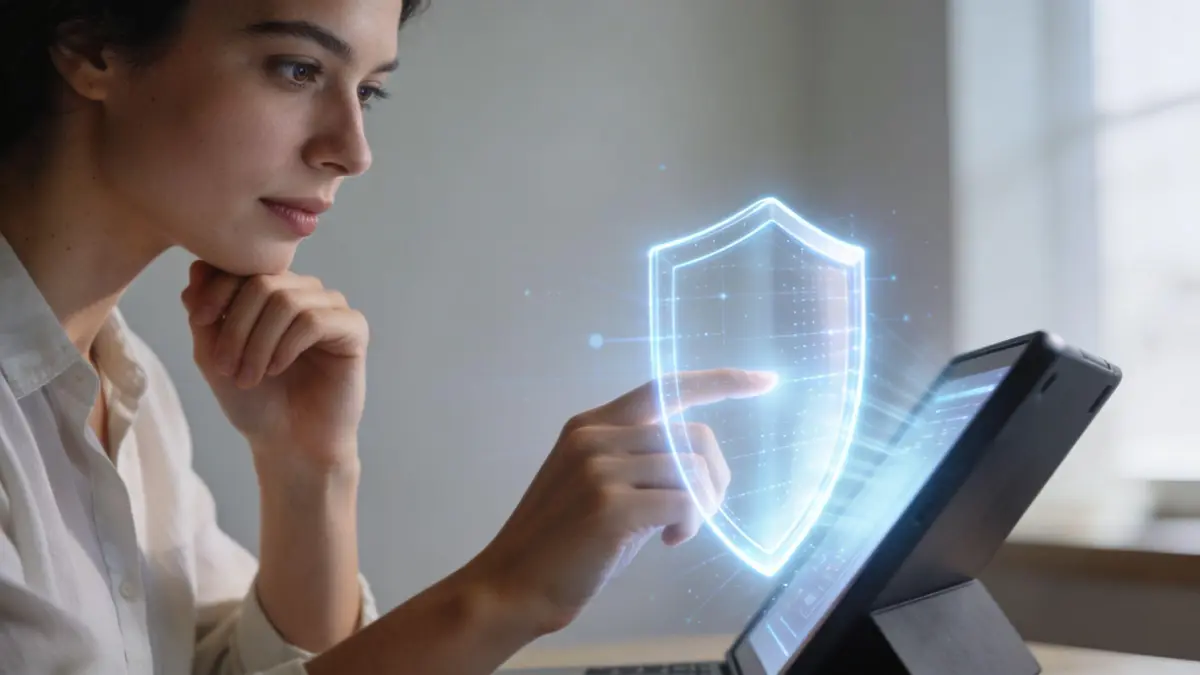 A young professional using a tablet with a digital shield hologram for cybersecurity and privacy protection.