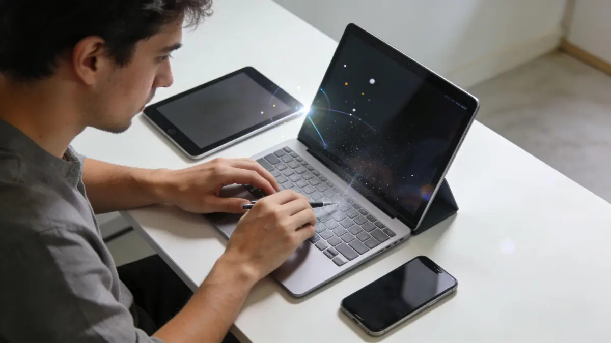 A young man sitting at a desk using a laptop with digital network graphics on the screen.