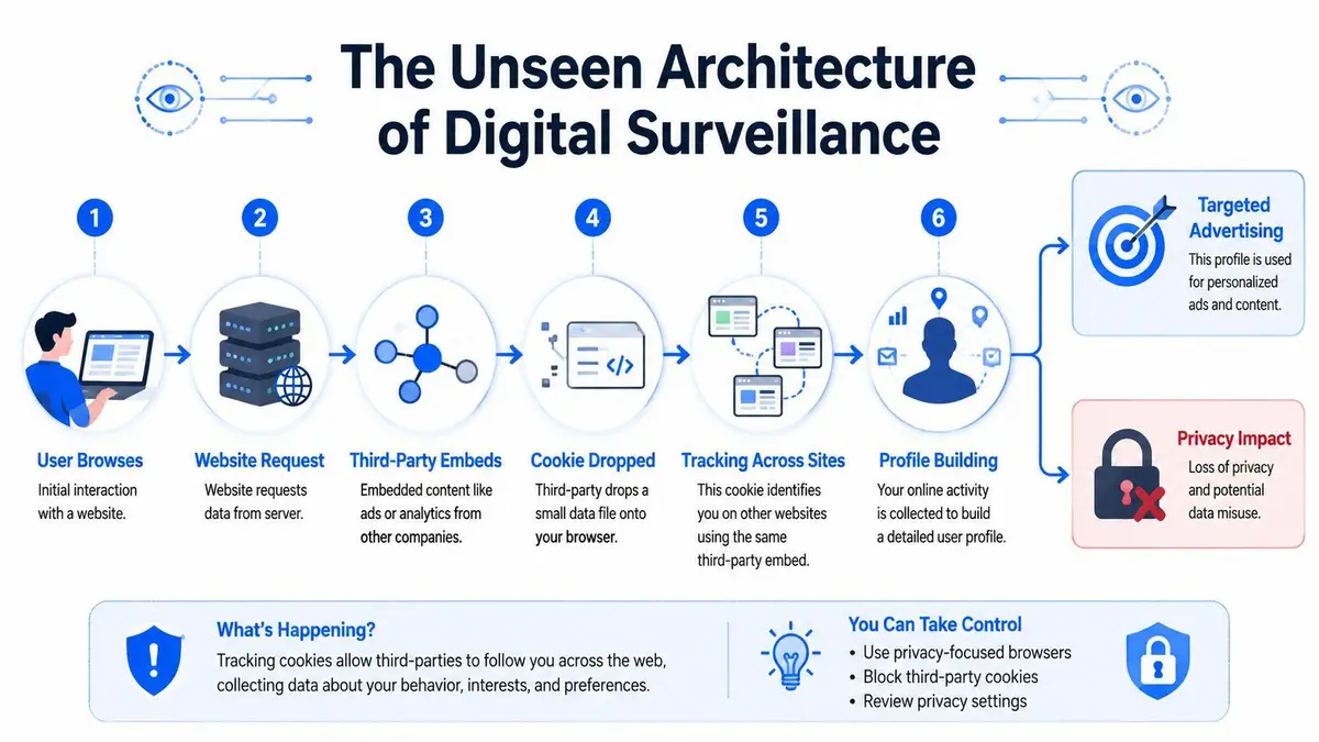 A diagram illustrating the six-step process of digital surveillance and tracking cookies across websites.