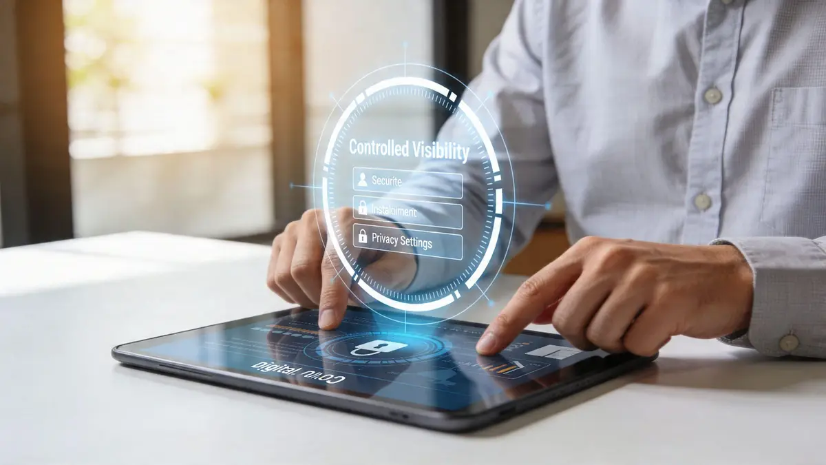 A professional using a tablet with digital security overlays to manage privacy settings and asset visibility.