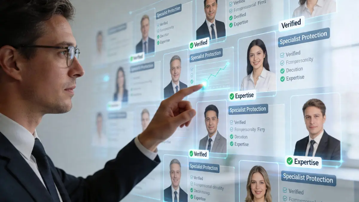 A professional man in a suit interacting with a digital interface showcasing reputation management specialist profiles.