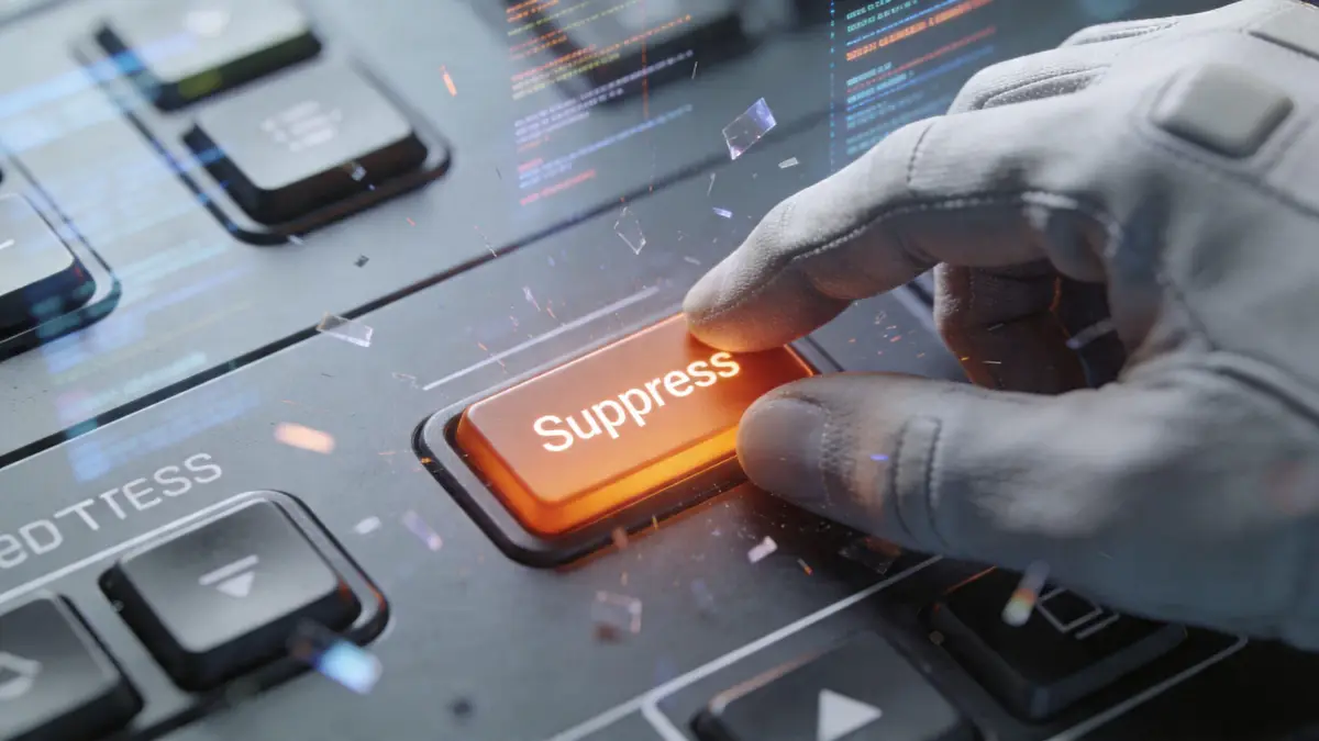 A gloved finger pressing a glowing orange button labeled Suppress on a high-tech control panel interface.
