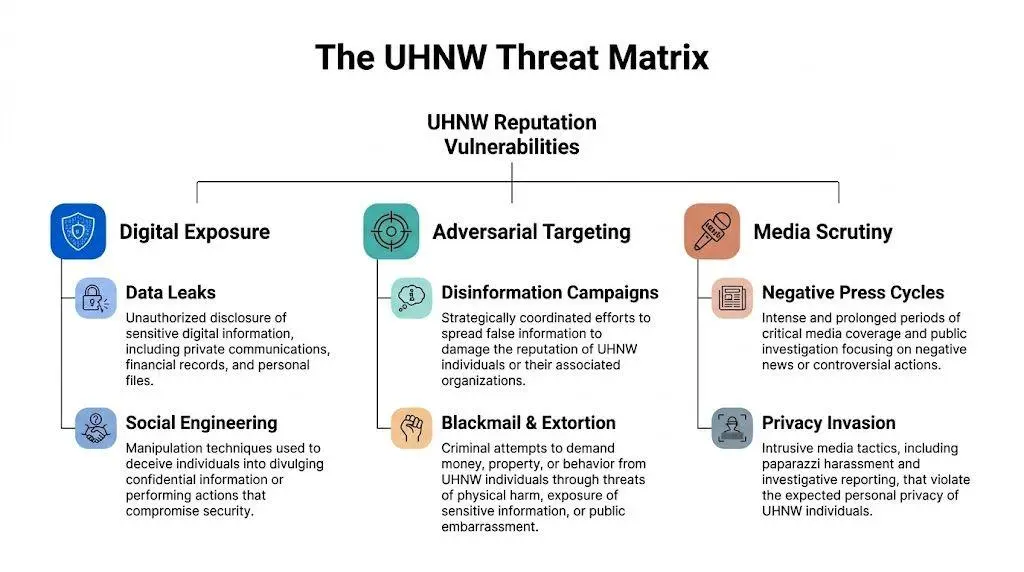A diagram titled The UHNW Threat Matrix showing reputation vulnerabilities categorized into digital exposure, adversarial targeting, and media scrutiny.