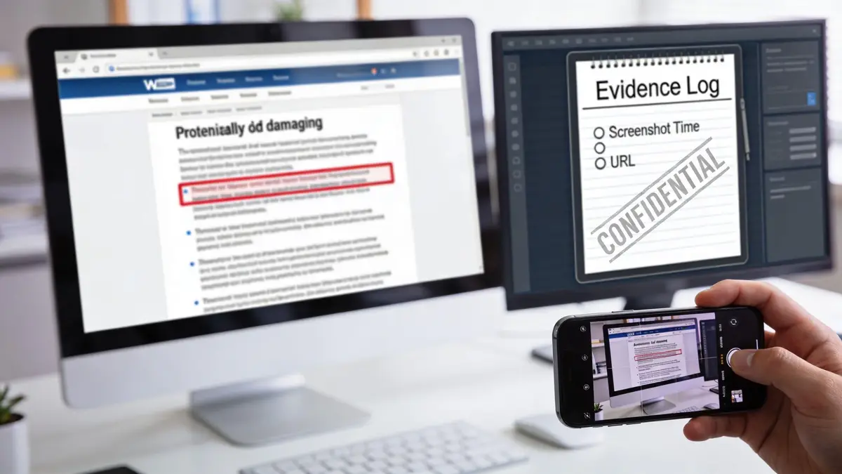 Person taking a photo of a computer screen displaying an evidence log for legal documentation purposes.