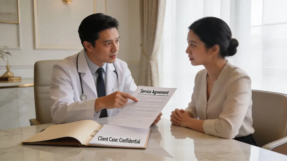 A professional doctor reviews a service agreement document with a female patient in a private office setting.
