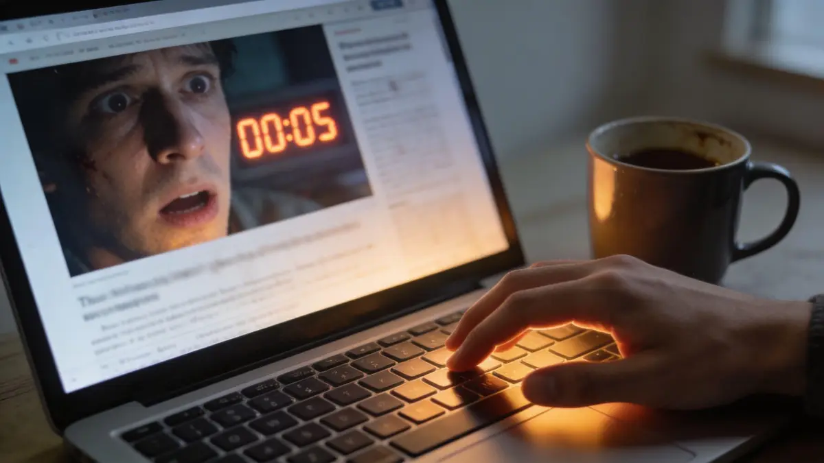 A close-up shot of a person using a laptop featuring a countdown timer on screen with coffee.