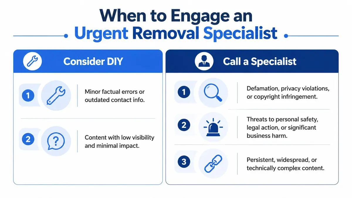 A comparison chart outlining when to handle content removal yourself versus when to hire a specialist.