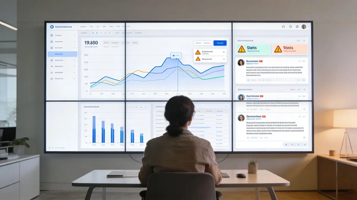 A professional analyst monitors data trends and handles crisis management on a large dashboard in an office.
