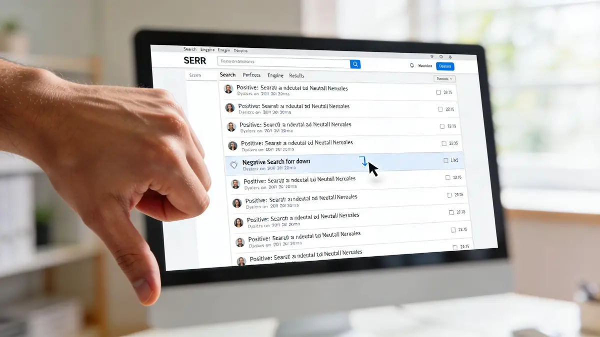 A hand giving a thumbs down sign in front of a computer screen displaying negative search results.