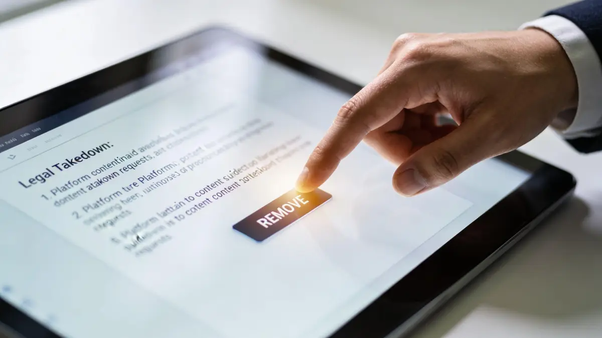 A professional hand pressing a digital remove button on a tablet screen regarding legal takedown procedures.