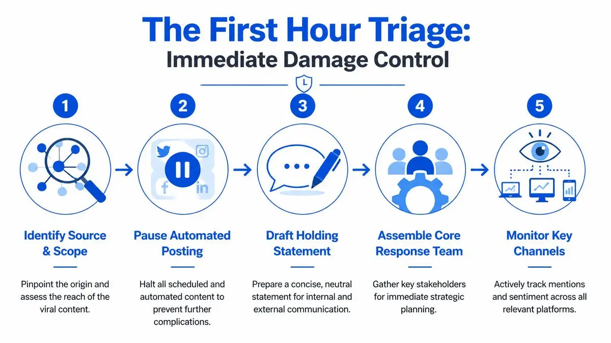 An infographic detailing five steps for managing immediate damage control during the first hour of viral content.
