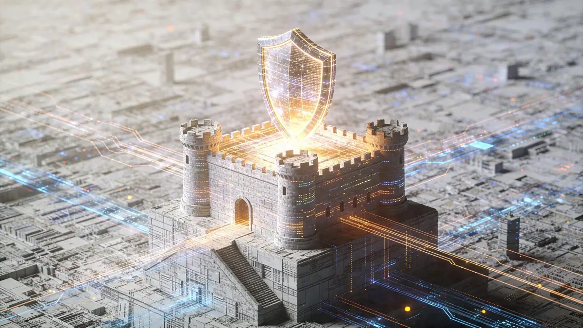 A digital fortress representing cybersecurity protection with a glowing shield over a technological infrastructure landscape.
