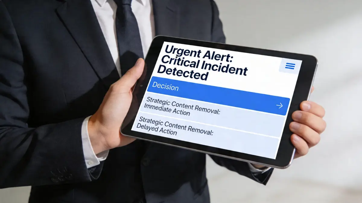 A professional in a suit holding a tablet displaying a critical incident urgent alert with management options.