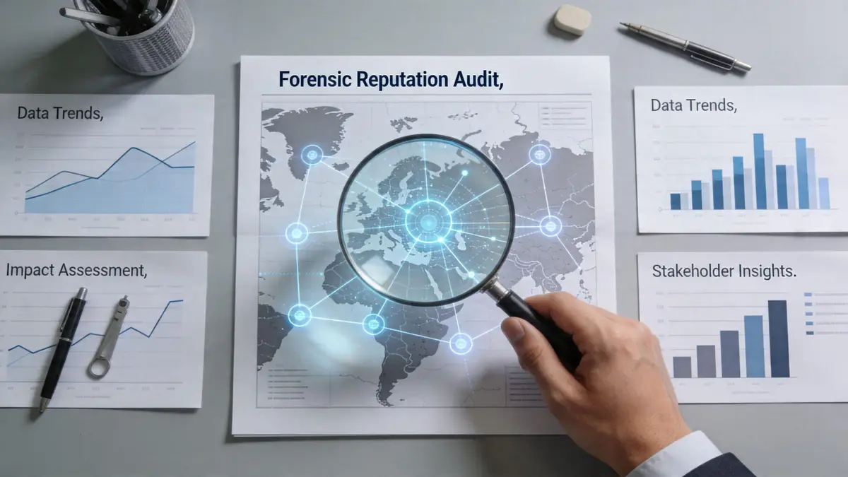 A professional analyzing a forensic reputation audit document with a magnifying glass over a world map.