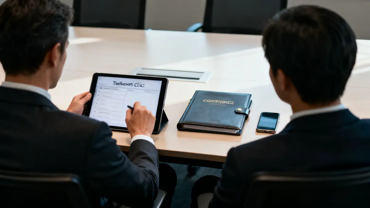 Two men in suits at a meeting table, one using a tablet with a stylus.