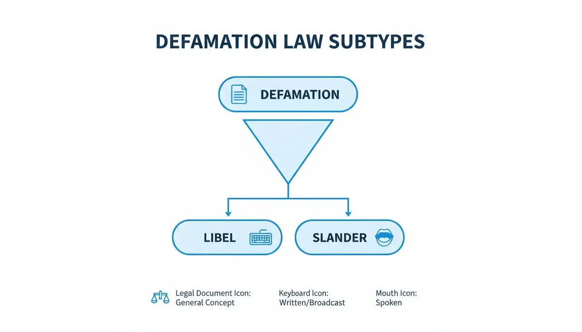 A diagram illustrating defamation law subtypes, showing libel for written/broadcast and slander for spoken defamation.