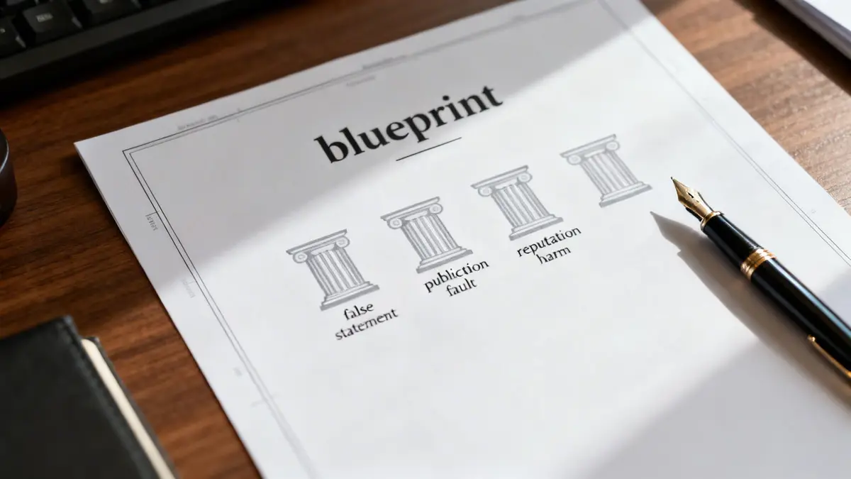 A document titled 'blueprint' shows legal pillars for false statement, publication fault, and reputation harm, with a fountain pen.