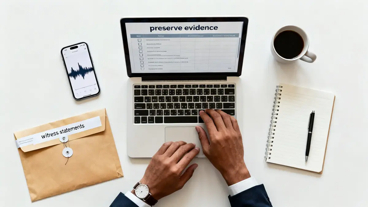 Overhead view of a person typing on a laptop, with a smartphone, coffee, and 'witness statements' envelope on a desk.