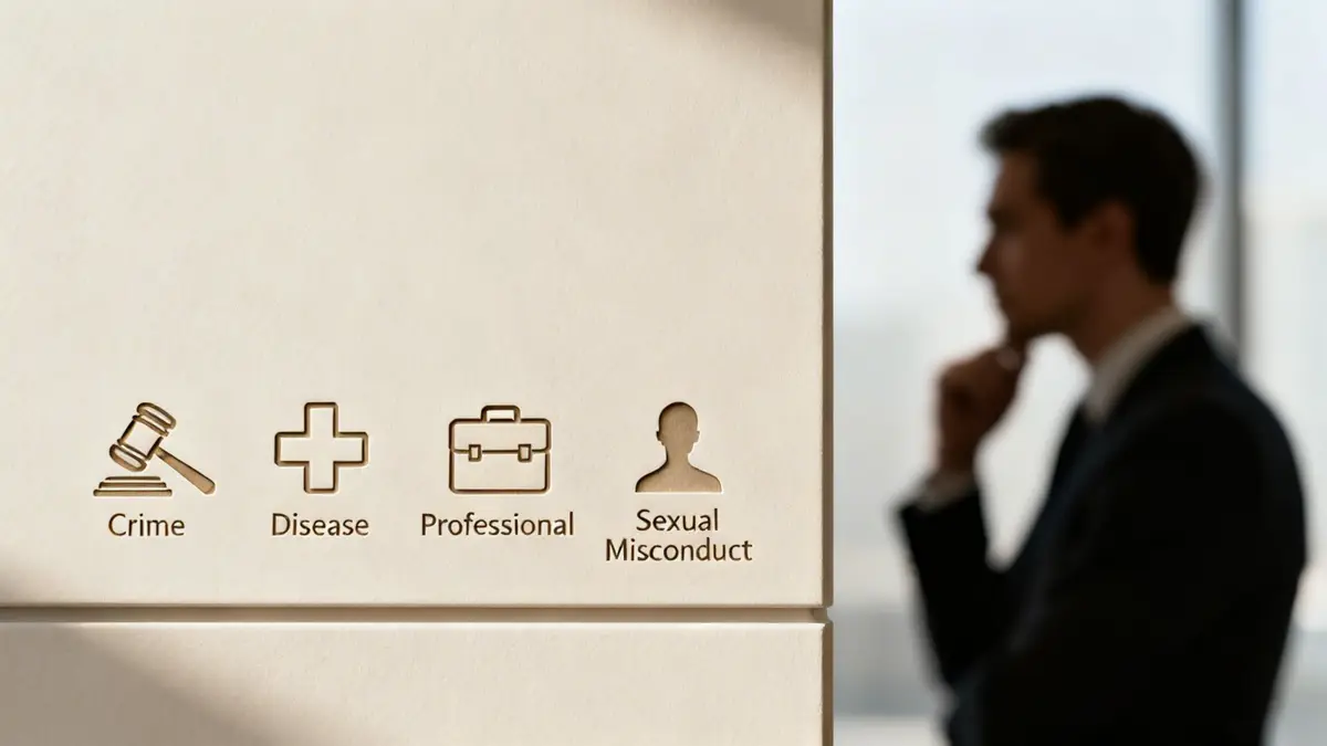 A blurred man in a suit thoughtfully looks at a wall displaying icons for crime, disease, professional, and sexual misconduct.