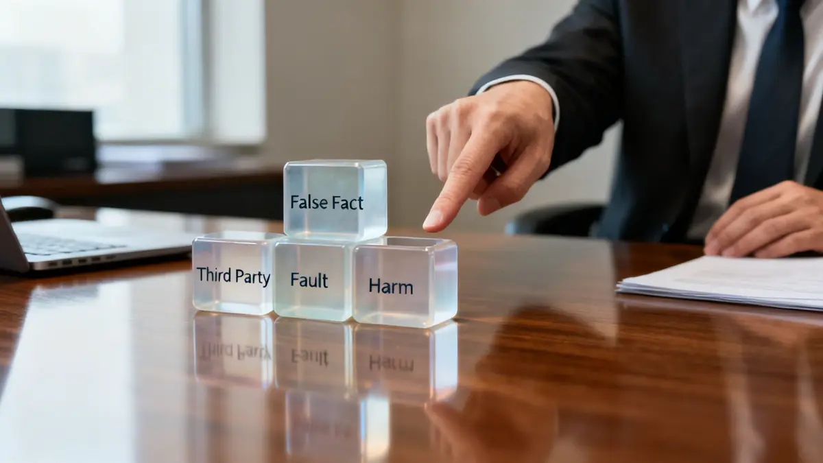 A businessman points at legal concept cubes: False Fact, Third Party, Fault, Harm on a desk.
