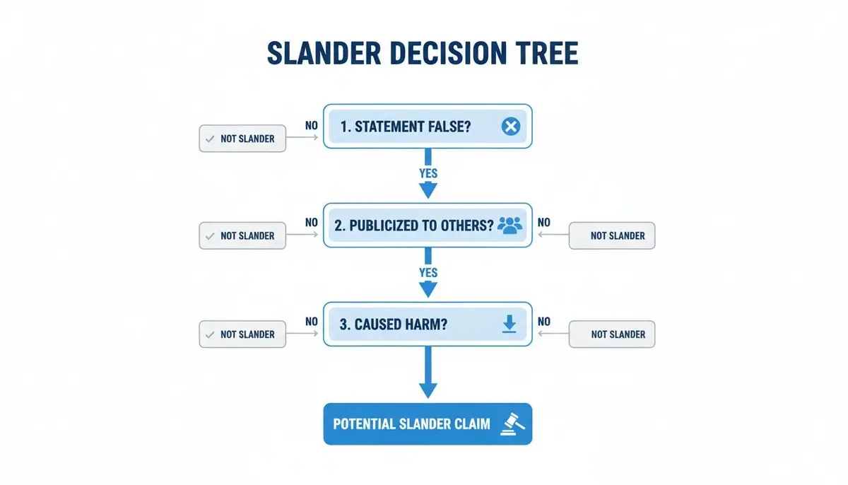 A slander decision tree flowchart illustrating steps to determine a potential slander claim based on falsity, publicization, and harm.