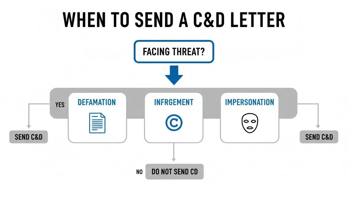 A flowchart showing conditions to send a Cease and Desist (C&D) letter for defamation, infringement, or impersonation.