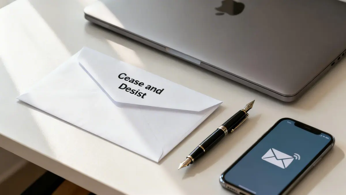A white envelope labeled 'Cease and Desist' on a desk with a laptop, pen, and smartphone.