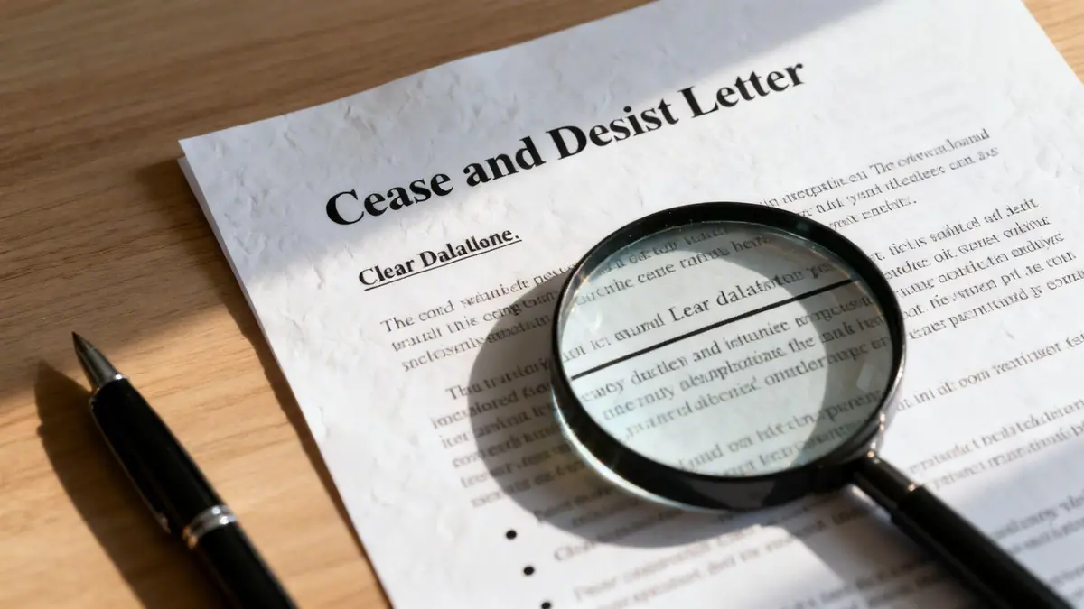 A Cease and Desist Letter on a wooden desk, examined by a magnifying glass and pen.