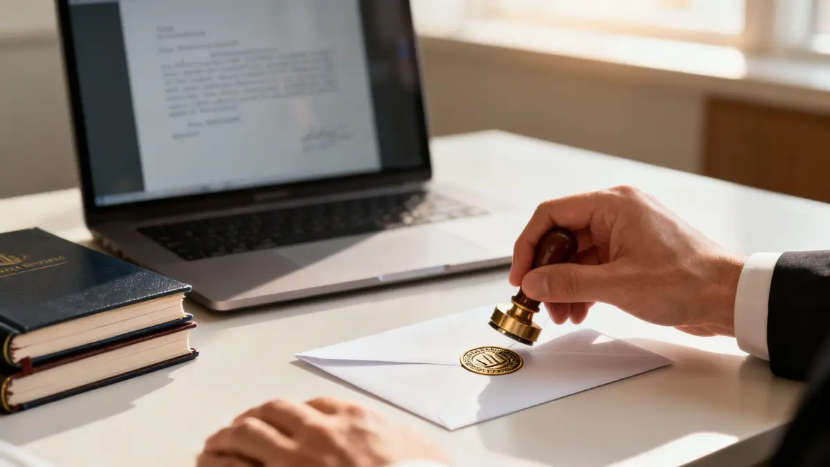 A person applies a wax seal to an envelope, with a laptop and notebooks on the desk.