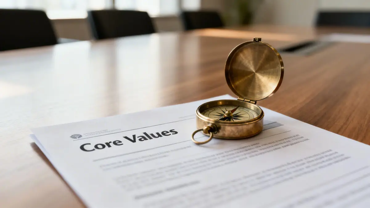 A brass compass rests on a document titled 'Core Values' on a wooden conference table.