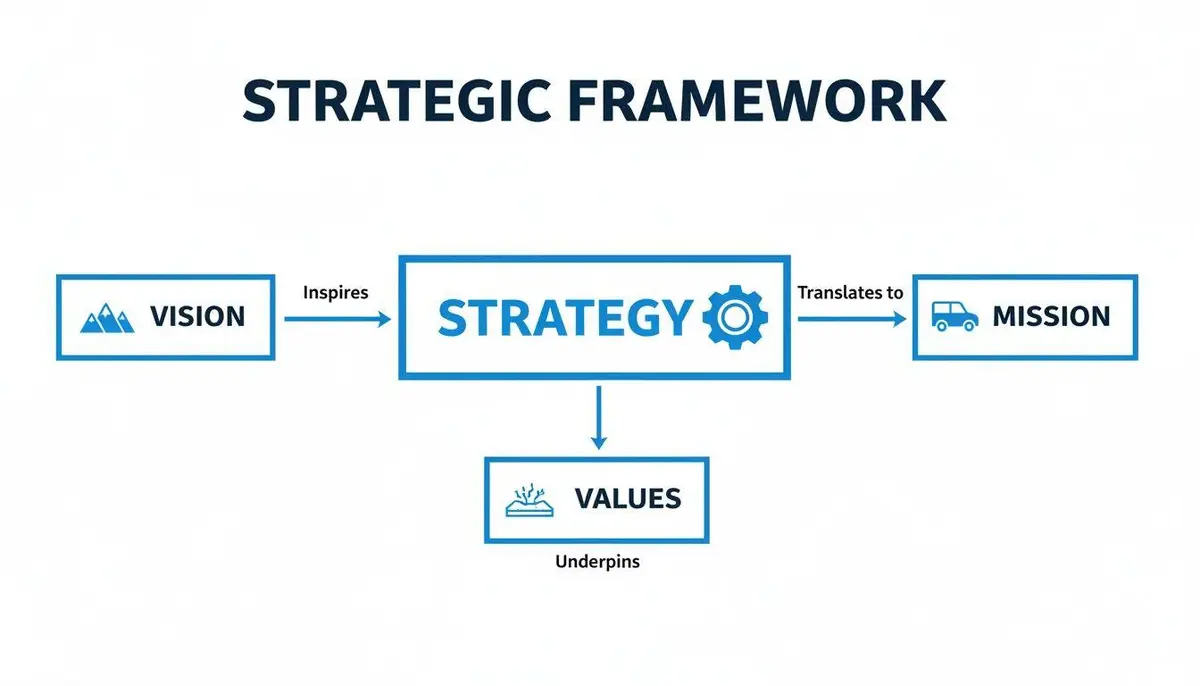 Diagram illustrating a strategic framework that connects Vision, Strategy, Mission, and Values with arrows.