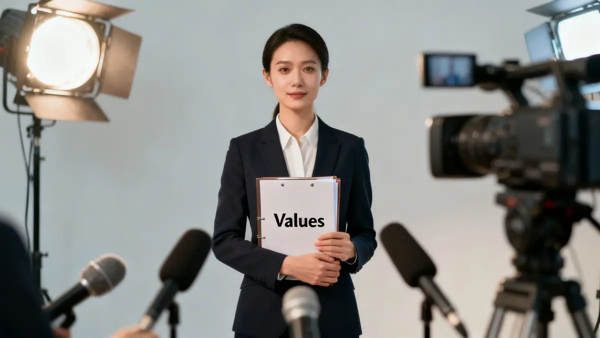 A professional woman in a suit holds a 'Values' sign at a press conference with microphones and cameras.