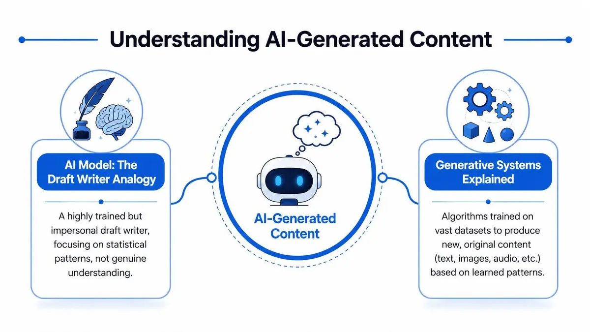 A diagram explaining AI-generated content through a draft writer analogy and generative systems technical overview.